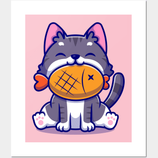 Cute Cat With Fish Cartoon Posters and Art